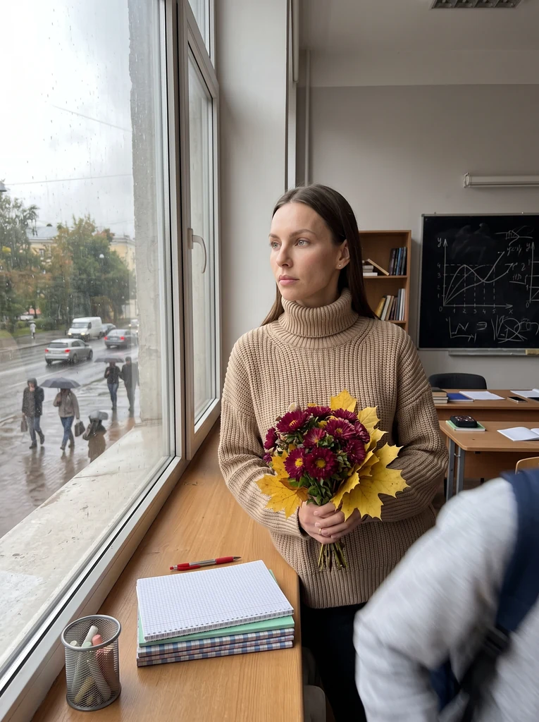 Портрет у окна с осенним букетом