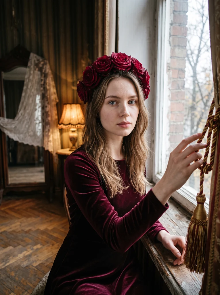 Фотосессия с розой: красное платье, корона