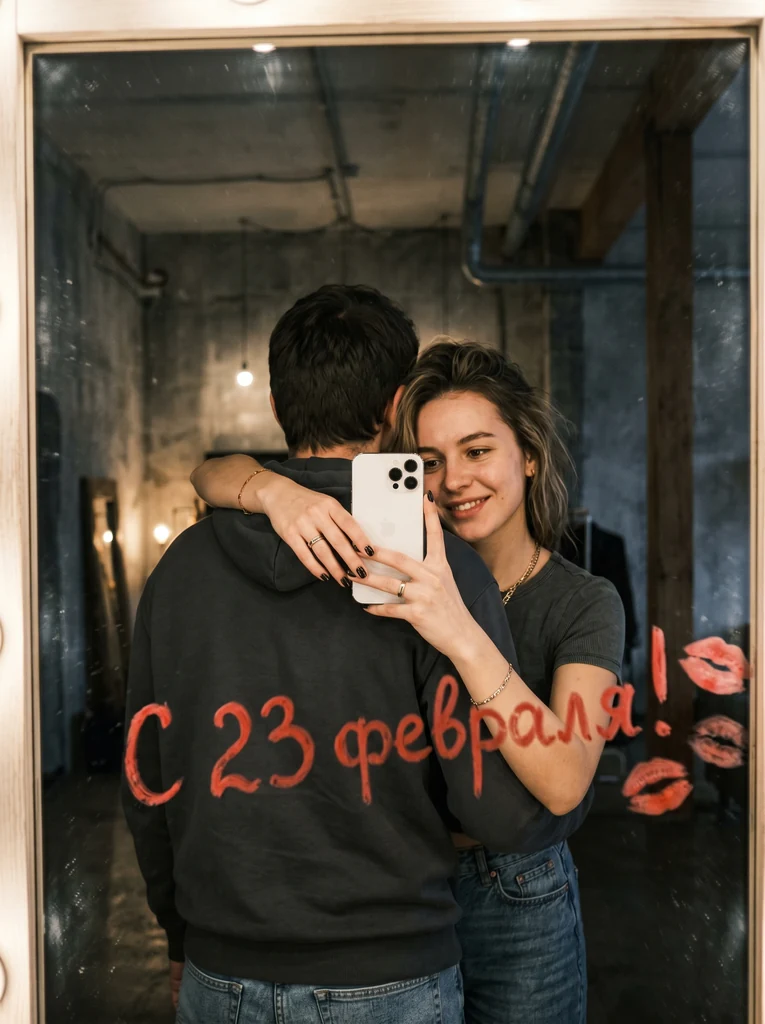Зеркальное селфи с надписью помадой