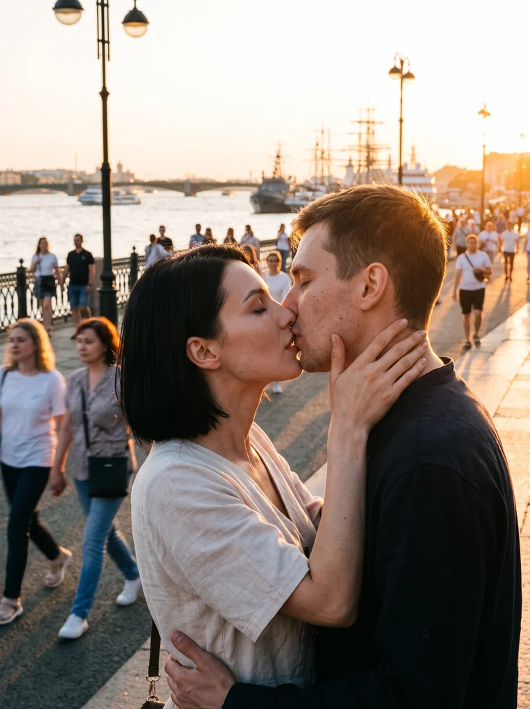 Романтичный поцелуй на закате