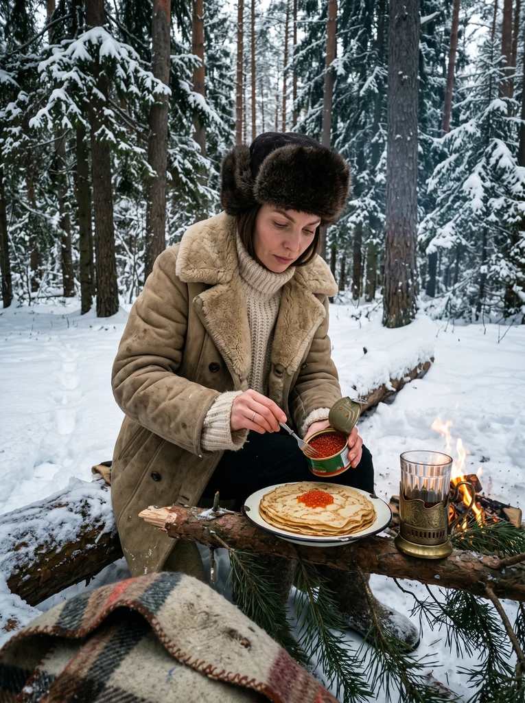 Зимний пикник в сосновом лесу